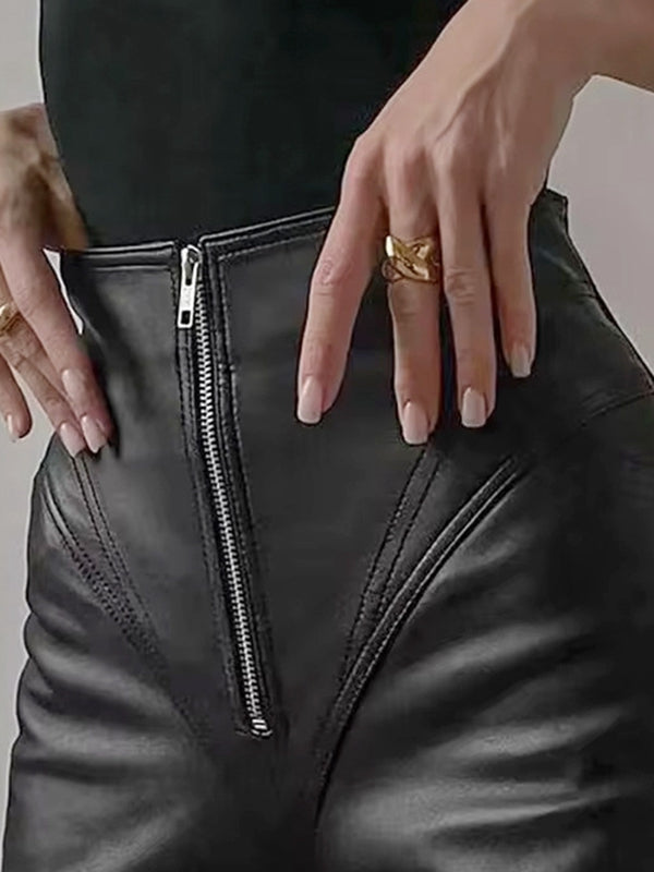 ❤Sensfeel Female Double Zipper Exposed Stitching Faux Leather Leggings