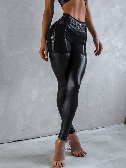 ❤Sensfeel Female Shiny Faux Leather With Metal Buttons Leggings