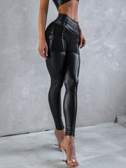 ❤Sensfeel Female Shiny Faux Leather With Metal Buttons Leggings