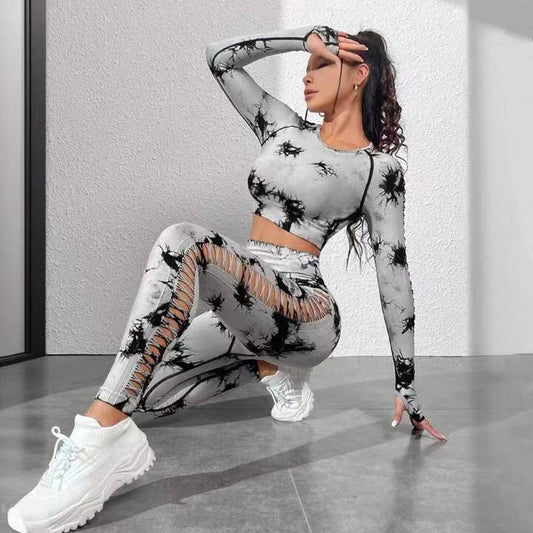 Sensfeel Female Tie Dye Hollow Long Sleeves Butt Lift Tracksuits